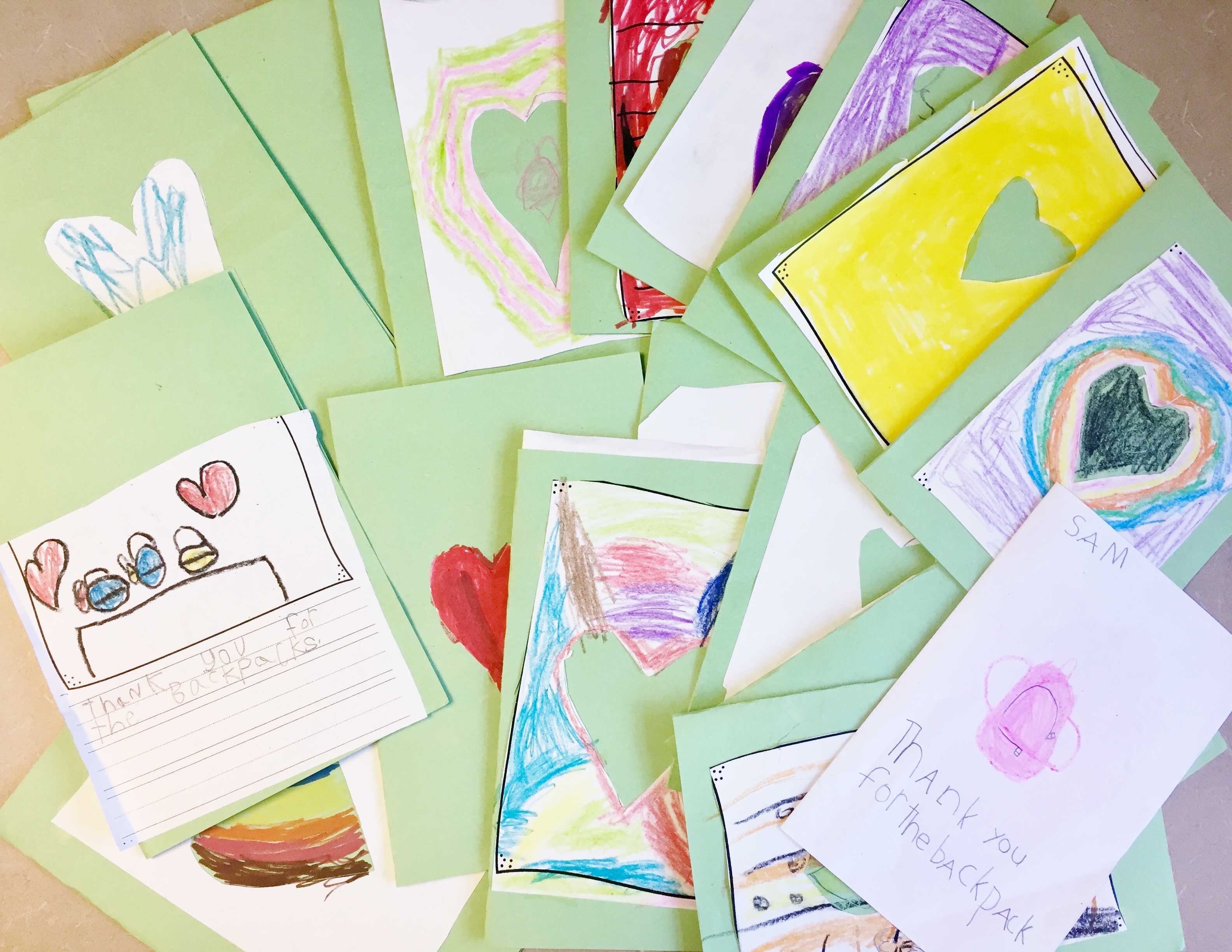 Thank you cards from kids who received backpacks with school supplies