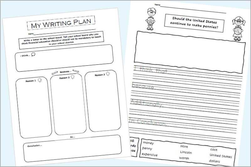 Elementary school financial education lesson about persuasive writing