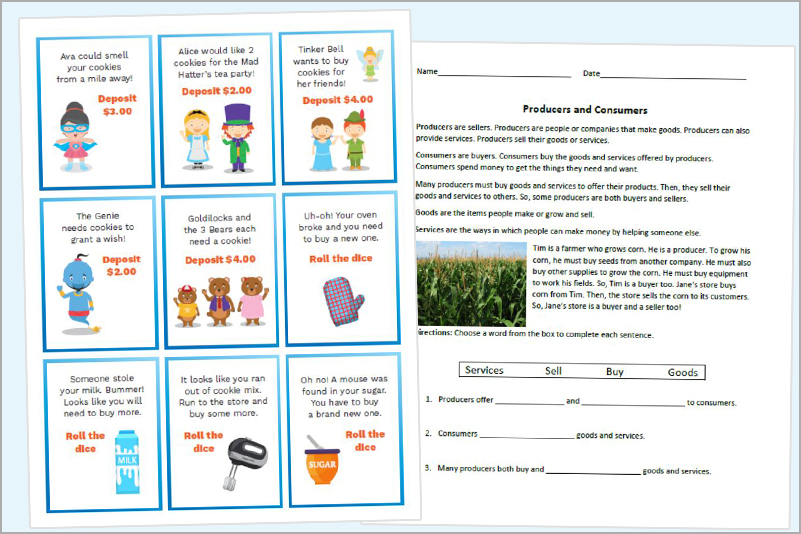 Financial education lesson teaching kids about producers and consumers